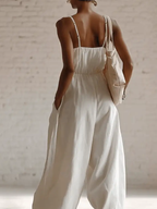 Elegant Vacation-style Spaghetti Straps Linen Jumpsuit
