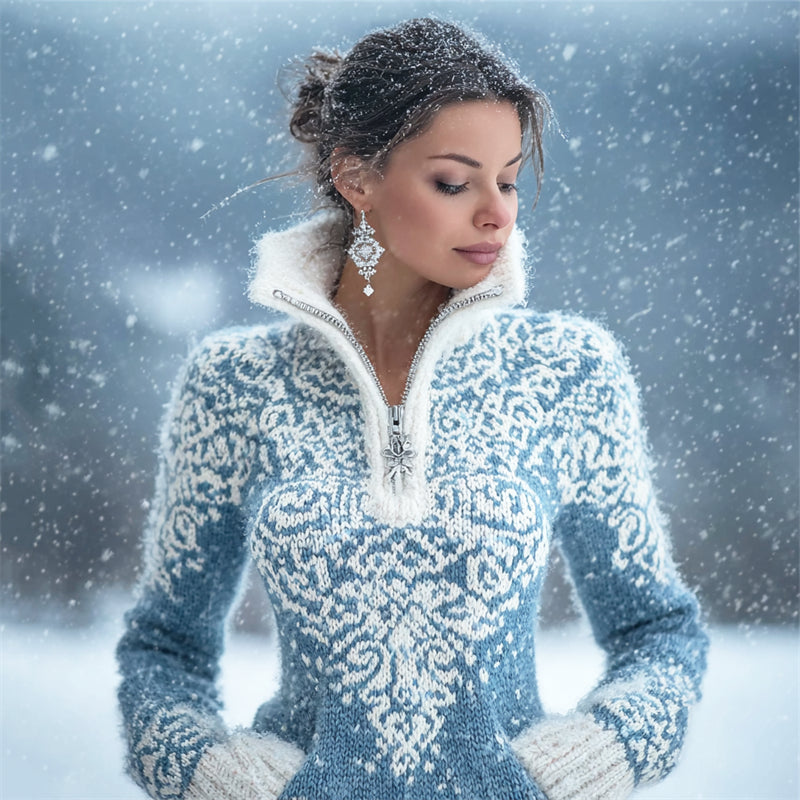 Snowflakes Inspired Celtic Contrast Cozy Knit Zip Up Sweater
