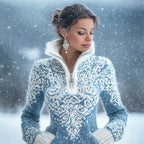 Snowflakes Inspired Celtic Contrast Cozy Knit Zip Up Sweater