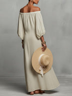 Women's Round Neck Long Sleeve Casual Loose Linen Dress