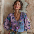 Women's Bohemian Floral Embroidery Art V-neck Contrast Color Long Sleeve Linen Blend T-shirt