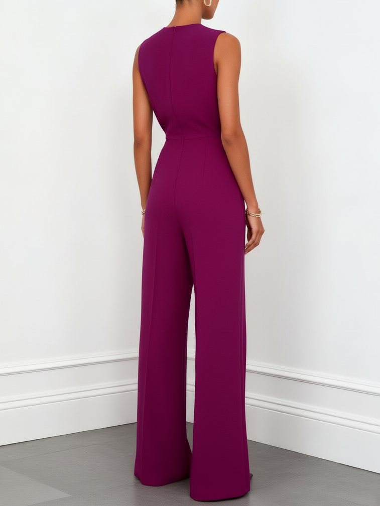 Women Purple V Neck Sleeveless Dressy Jumpsuit