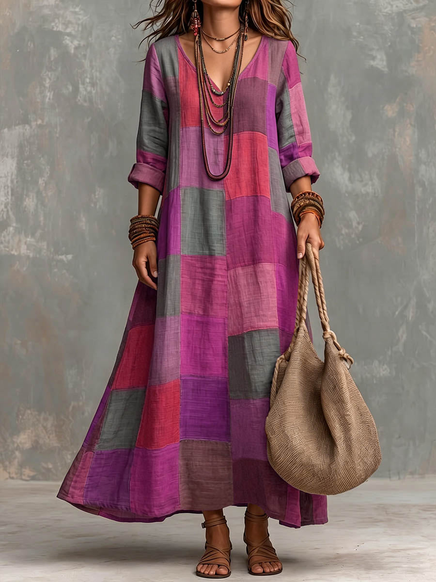 Women's Plaid Print V-neck Long-sleeve Casual Loose-fit Dress