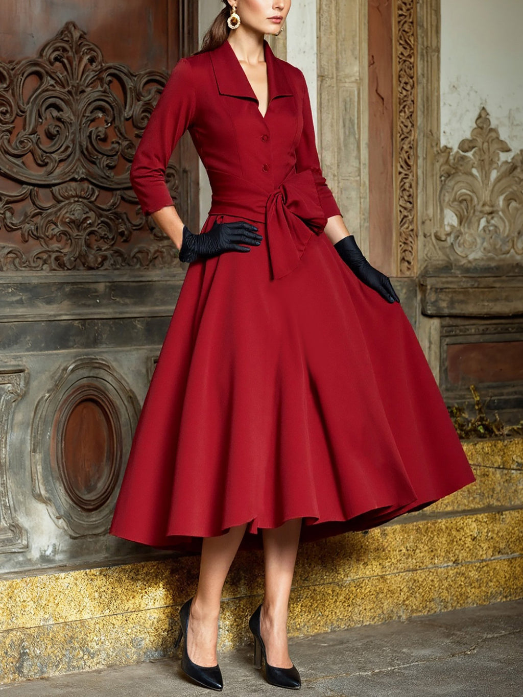 Midi Cotton Dress, Half Sleeve, Shawl Collar, Plain, Button Design, French Vintage, Red