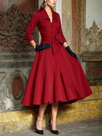 Midi Cotton Dress, Half Sleeve, Shawl Collar, Plain, Button Design, French Vintage, Red