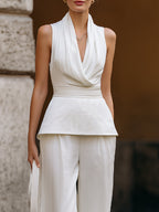 Draped Halter Peplum Top & Wide-Leg Trousers Elegant Set