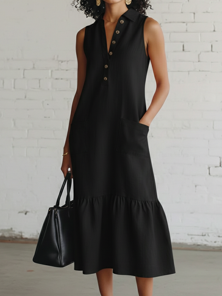 Elegant Cozy Lapel Ruffled Hem Linen-cotton Dress