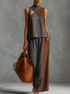 Artistic Color-blocked Cozy Linen Cotton Two-piece Set