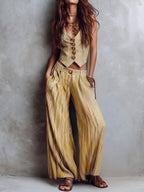 Women's Striped Print V-neck Sleeveless Casual Loose Cotton-linen Top And High-waisted Loose Wide-leg Pants Set
