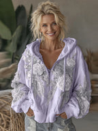 Women's Vintage White Rose Embroidery Cozy Warm Zipper Hoodie