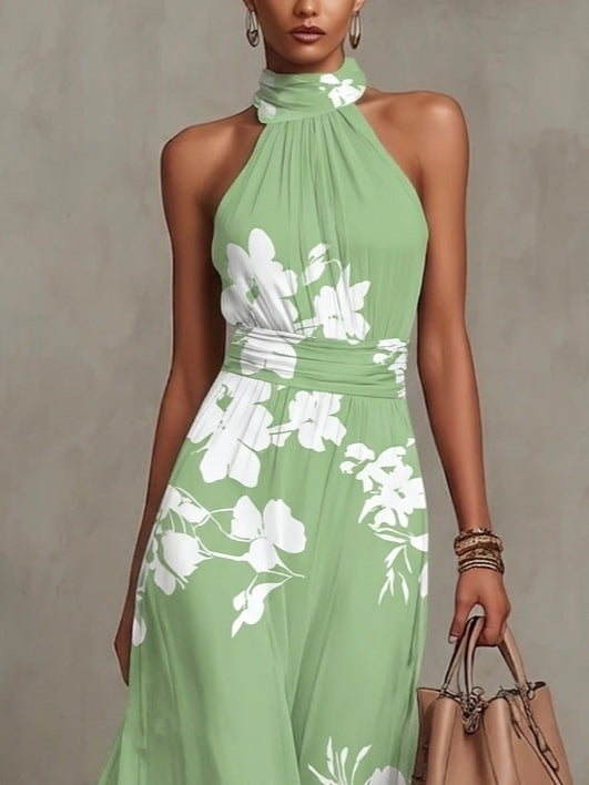 Green Floral Print Halter Neck Chiffon A-line Maxi Dress