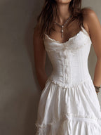 Retro Boho White Corset Tiered Midi Dress With Lace-Trim