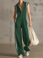 Cozy Casual Sports Striped Zip-up Jumpsuit