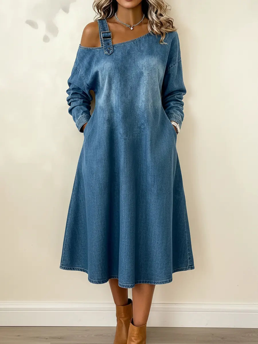 Women's Fashionable Strappy Off-the-shoulder Long-sleeved Dress