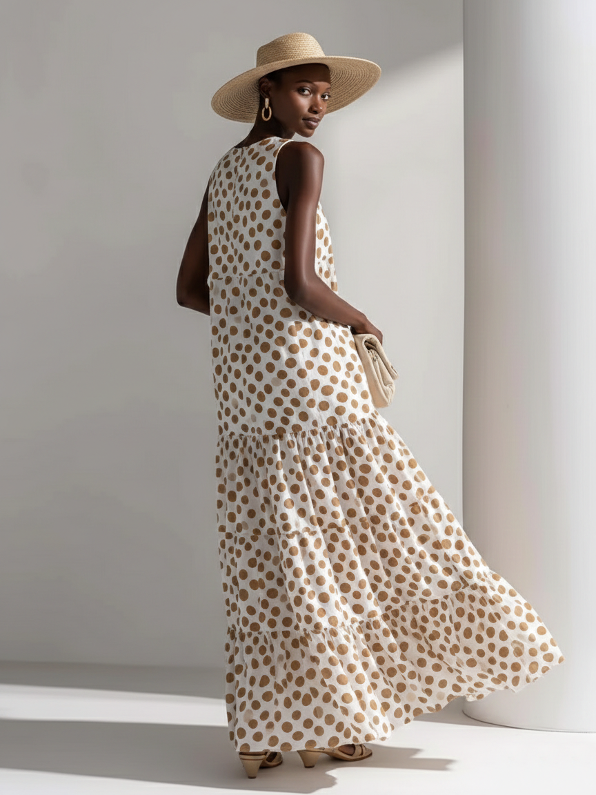 Retro Polka Dot Print Multi-layered Hem Maxi Dress