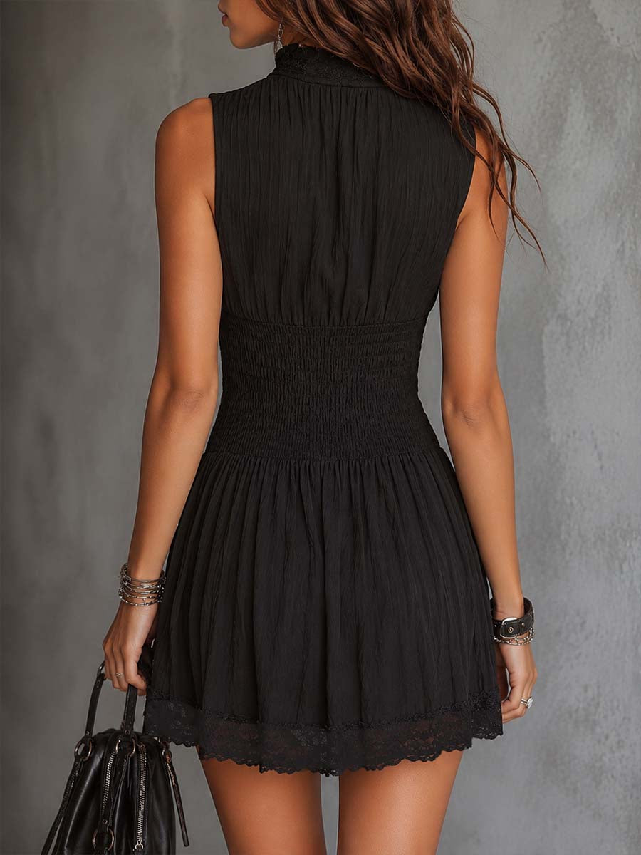 Retro Zip-Neck Shirred-Waist Mini Dress with Lace Trim