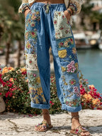 Women's Bohemian Floral Embroidery Art Contrast Color Linen Blend Casual Pants