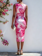 Hot Pink Floral Satin Boat Neck Sleeveless Sheath Midi Dress