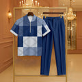 Men's Casual Denim Blue Color Matching Checkered Printed Zipper Short Sleeved Polo Shirt & Trousers Two-Piece Set