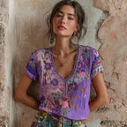 Women's Bohemian Floral Embroidery Art V-neck Contrast Color Linen Blend T-shirt