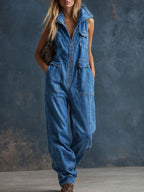 Women's Stand-collar Sleeveless Casual Loose Denim Wide-leg Jumpsuit