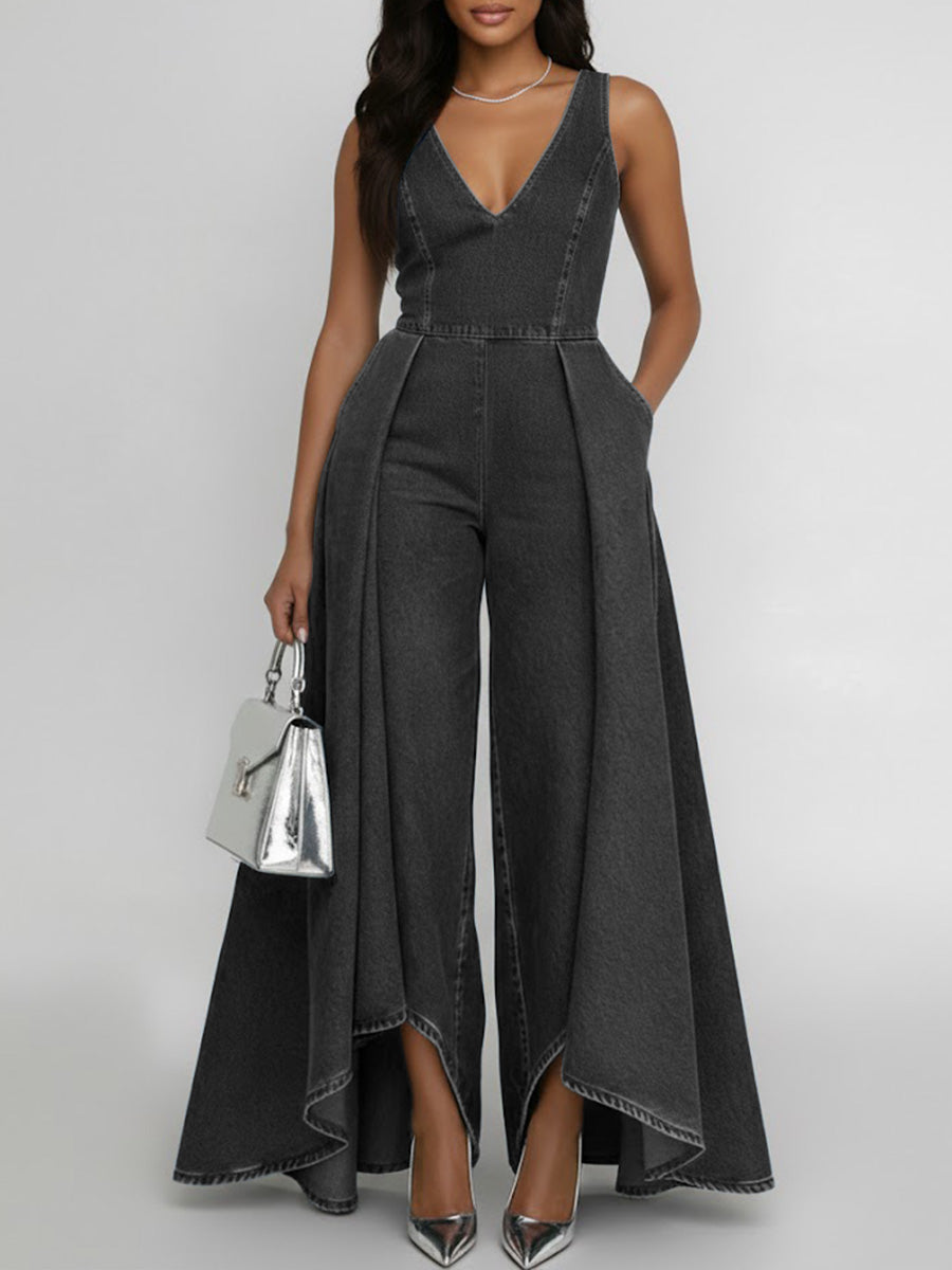 Women's Round Neck Sleeveless Casual Loose Wide-leg Denim Jumpsuit
