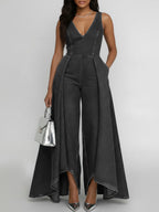 Women's Round Neck Sleeveless Casual Loose Wide-leg Denim Jumpsuit