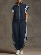 Women's Solid Color Stand-collar Short-sleeved Casual Loose Cotton Top And High-waisted Wide-leg Cotton Pants Set.