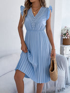 Women's Casual Lace V-neck Ruffled Pleated Dress