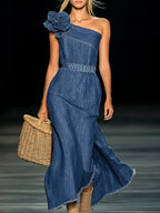 Women's Elegant Strapless Denim Floral Long Dress