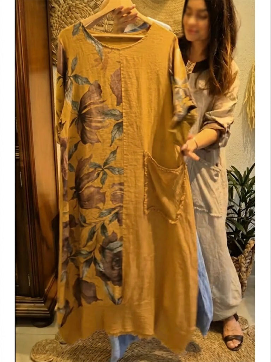 Loose-fitting Casual Floral Print Linen And Cotton Dress