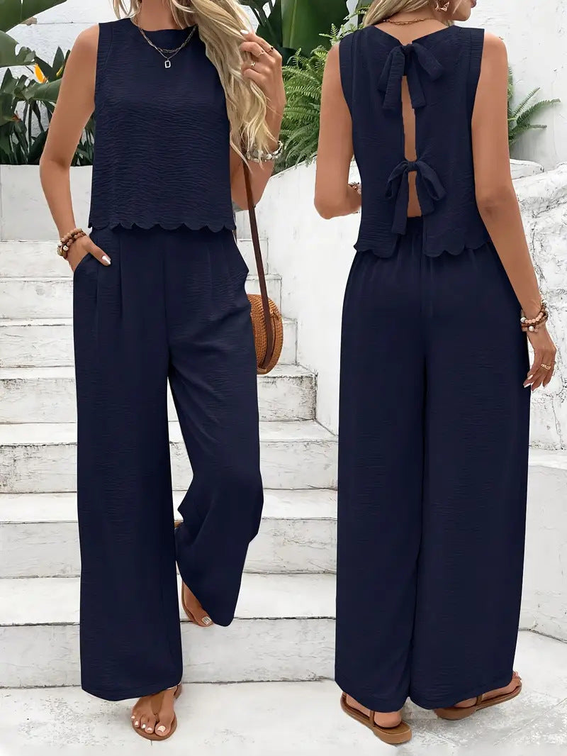 Women's Casual Round Neck Lace-up Top And Wide-leg Pants Set
