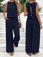 Women's Casual Round Neck Lace-up Top And Wide-leg Pants Set