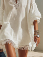 Bohemian White V-neck Lace Tassel Loose Mini Dress