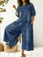 Women's Casual Peter Pan Collar Cotton Denim Wide-leg Jumpsuit
