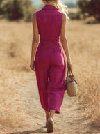 Women's Solid Color Lapel Sleeveless Casual Loose Cotton Jumpsuit
