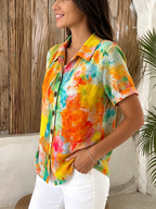 Artistic Watercolor Floral Print Cotton-linen Blouse