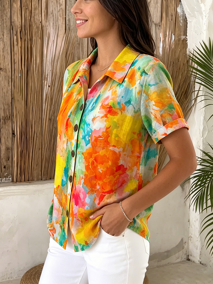 Artistic Watercolor Floral Print Cotton-linen Blouse