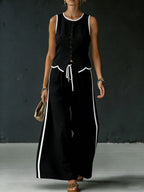 Women's Color-blocked Sleeveless Single-breasted Vest And Drawstring Trousers Set