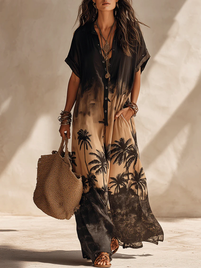 Bohemian Gradient Tropical Print Resort Maxi Dress