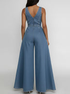 Women's Round Neck Sleeveless Casual Loose Wide-leg Denim Jumpsuit