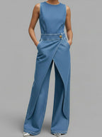 Women's Relaxed Round Neck Sleeveless Casual Loose Denim Wide-leg Jumpsuit