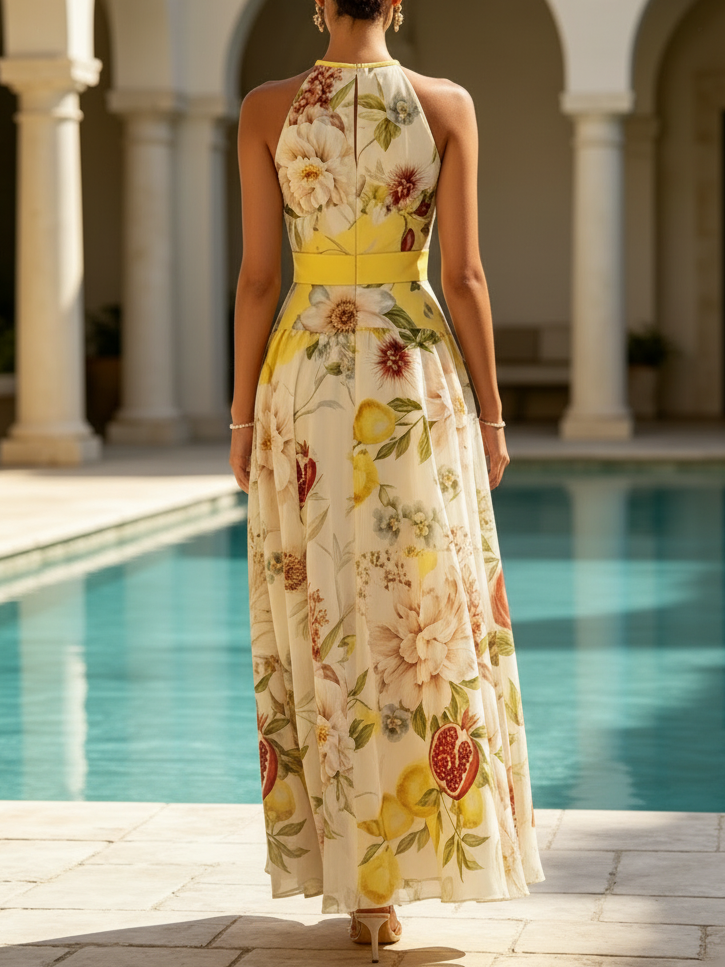Yellow Floral Chiffon Halter Neck Sleeveless A-Line Maxi Dress