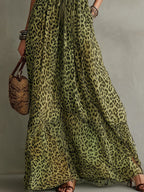 Green Leopard Print deep V-neck Ruffled Halter Neck Chiffon Maxi Dress