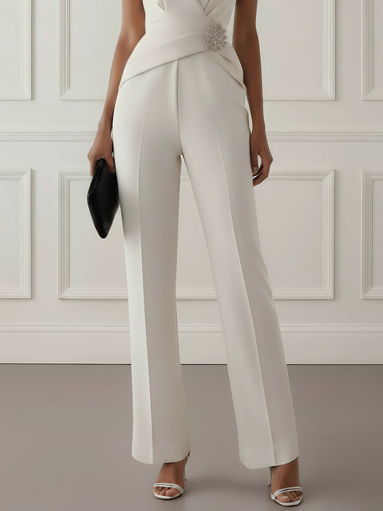 Women White Rhinestone V Neck Cap Sleeve Dressy Jumpsuit