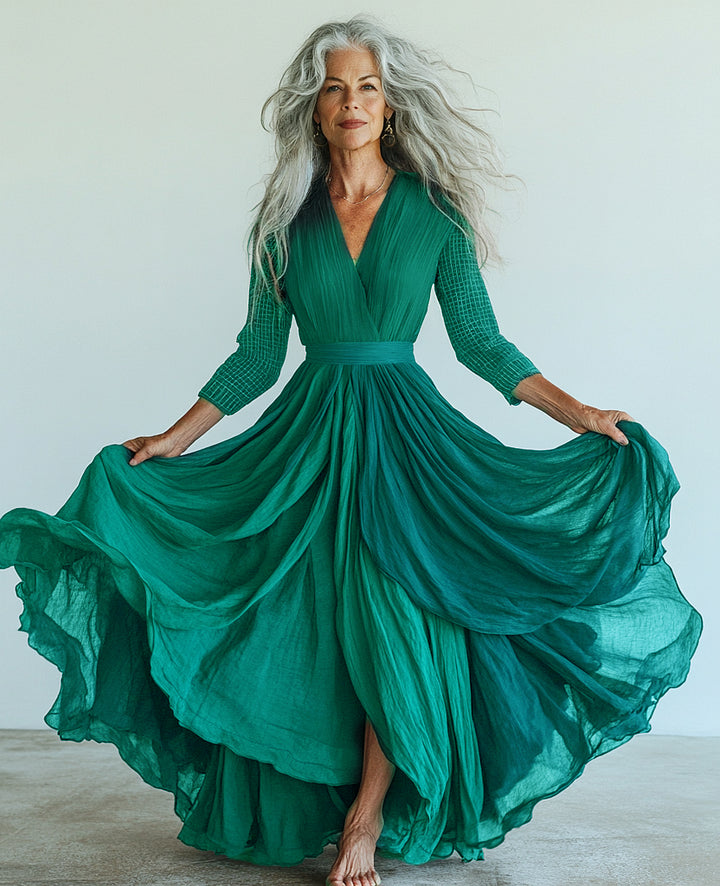 Vintage loose color contrast green color swing dress  e98eQu