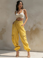 Women's Yellow High-Waisted Cargo Jogger Pants