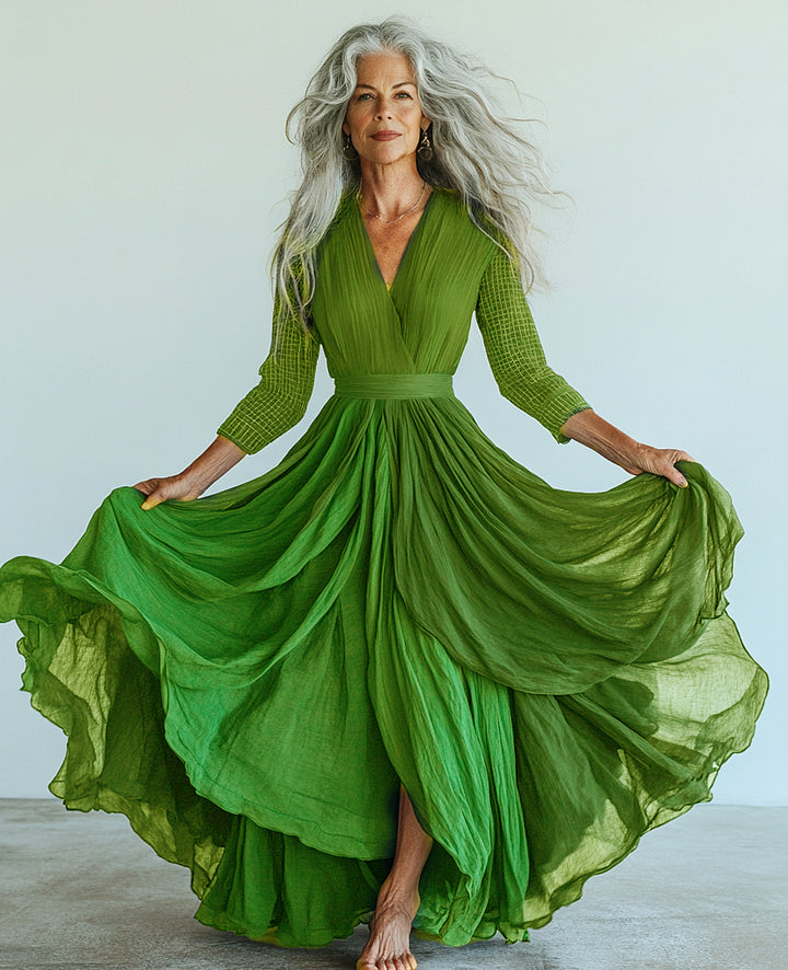 Vintage loose color contrast green color swing dress  e98eQu