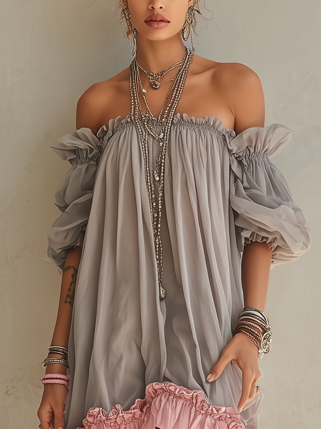 Gray And Pink Color-blocked Off-shoulder Puff Sleeve Chiffon Mini Dress