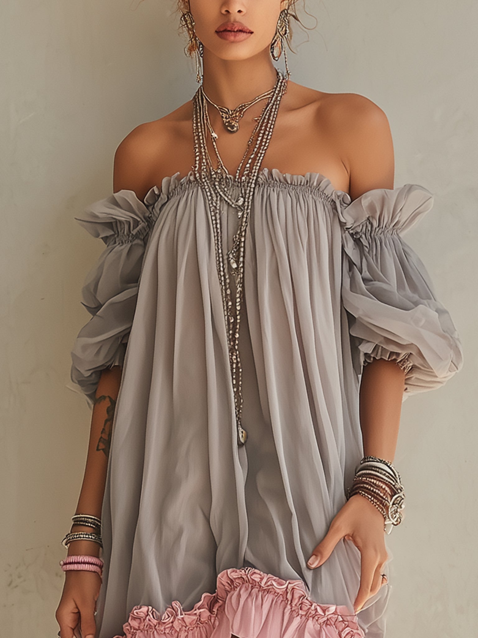 Gray And Pink Color-blocked Off-shoulder Puff Sleeve Chiffon Mini Dress